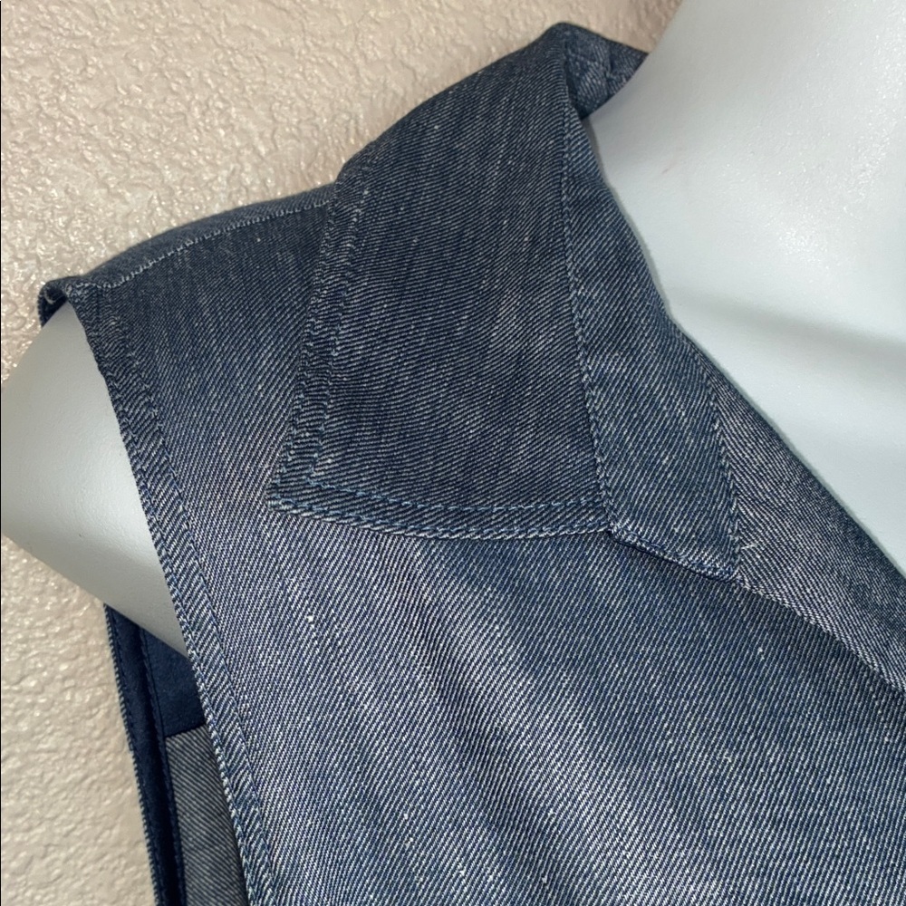 BEAUTIFUL Lustrous Blue Linen Dress, Sleeveless Pockets, Belt, Side Slits L EUC - Picture 3 of 16
